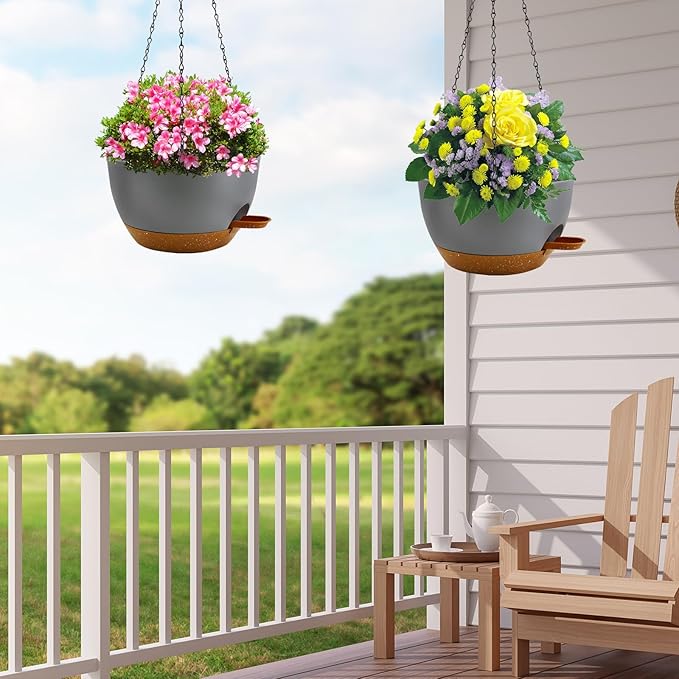 12 inch Hanging Planters for Indoor Plants, 2 Pack Self-Watering Hanging Planter Pots with Chain and Drainage Holes, Outdoor Plastic Hanging Baskets for Garden Home Decor