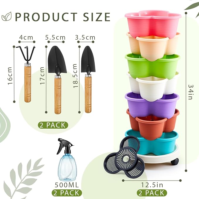 Umigy 2 Set Multicolor 7 Tier Stackable Vertical Planters with Removable Wheels and Tools Tower Planters Strawberry Herb Flower Vegetable Pots Indoor Outdoor Gardening Pots