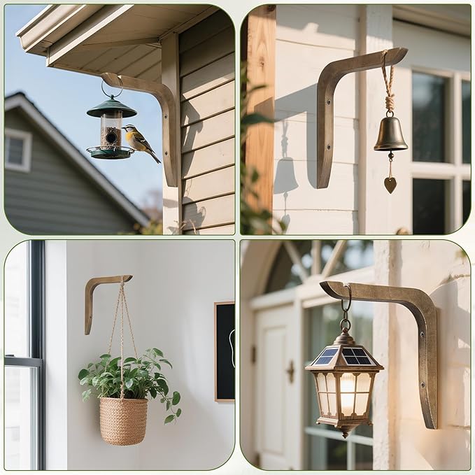 USION Wooden Plant Hangers Indoor Wall Mount, 8.6-Inch Hanging Plant Hooks for Wall, Basket Hooks for Lanterns, Flower Bracket, Wind Chimes, Light, Bird Feeders Decoration (Brown 4PCS)