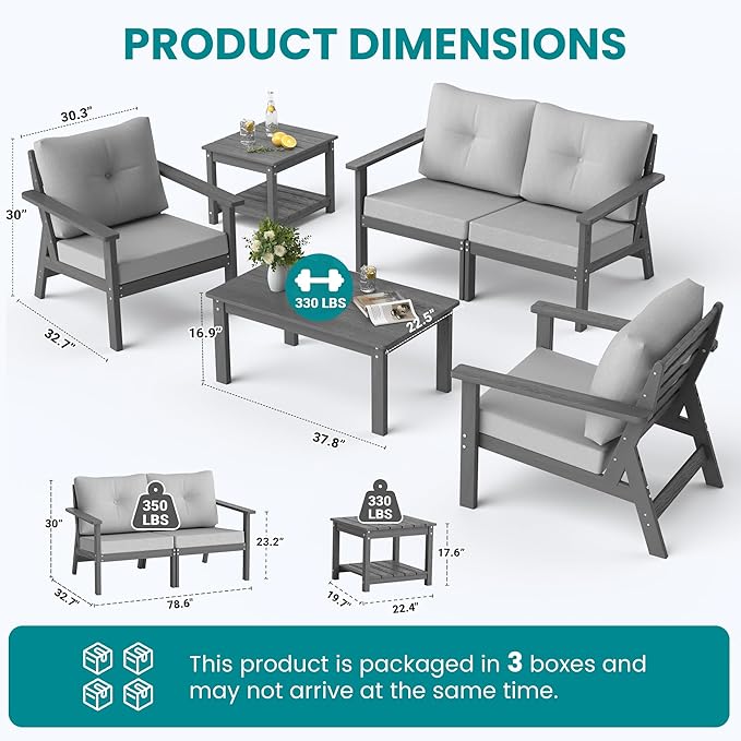 6-Piece HDPE Patio Furniture Set, Outdoor Sectional Sofa Set,All Weather Outdoor Couch with Dust-Free Cushions, Durable Patio Conversation Sets for Balcony, Porch, Gray