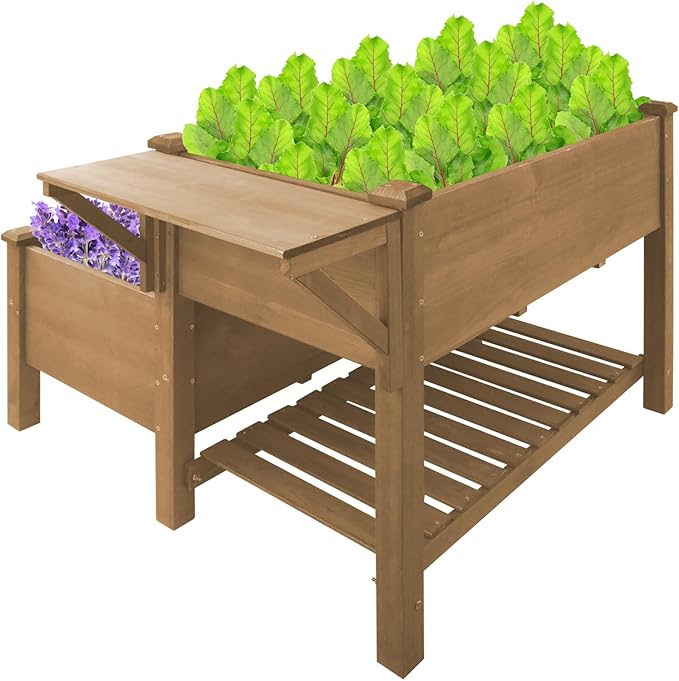 2-Tier Raised Garden Bed with Legs Outdoor Elevated Garden Box,Storage Shelf,Protective Liner for Backyard,Patio,Balcony,55x42x30in (Brown)