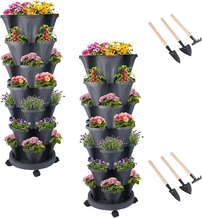 DUNCHATY Stackable Planter, Vertical Garden Planter with Wheels and Tools, Self Watering Strawberry Planter Indoor/Outdoor 7 Tier Herb Planter Pots for Growing Vegetables and Succulents, Dark Gray