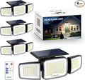 Solar Security Light Outdoor Super Bright LED, Motion Sensor Flood Light, 3 Heads 270° Wide Angle,Remote Control, IP65 Waterproof, 3 Modes (4 Packs)