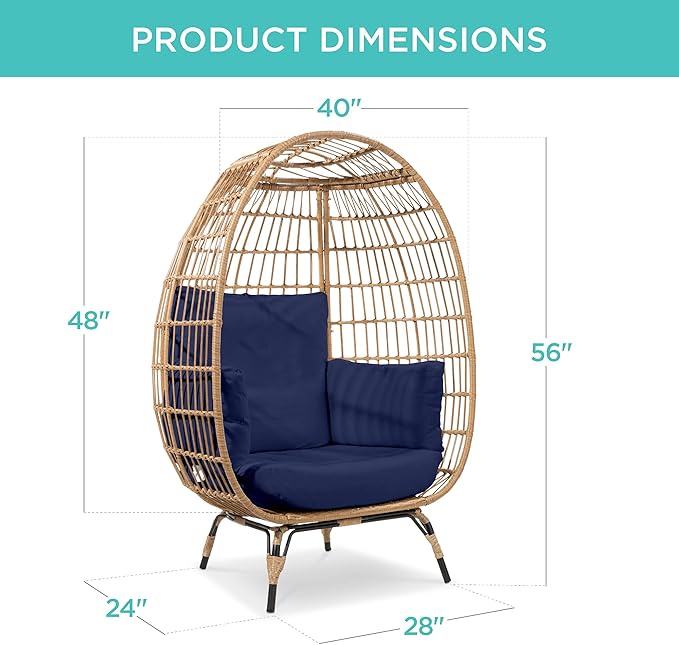 Best Choice Products Wicker Egg Chair, Oversized Indoor Outdoor Lounger for Patio, Backyard, Living Room w/ 4 Cushions, Steel Frame, 440lb Capacity - Navy