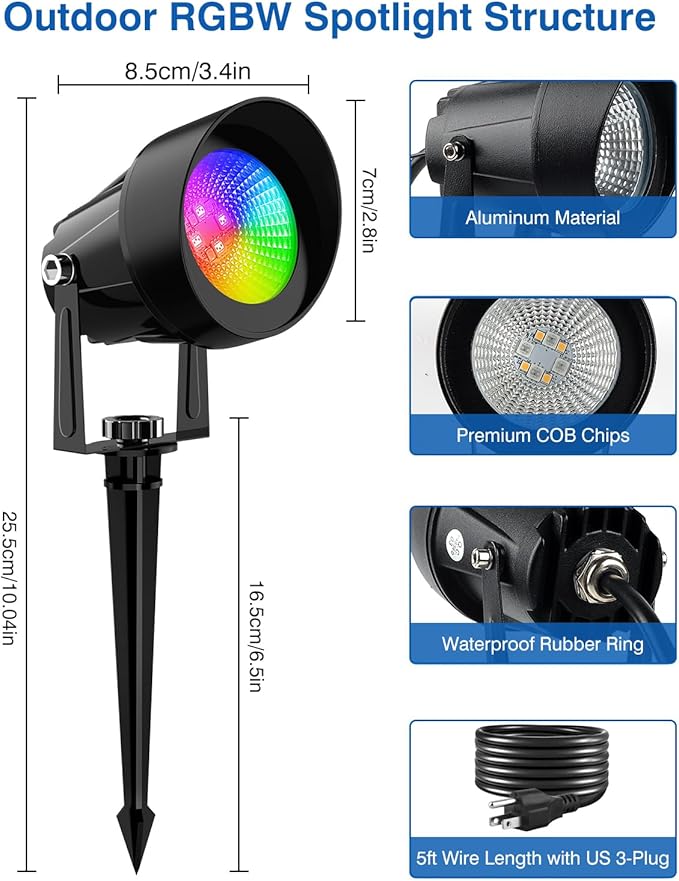Spot Lights Outdoor, Smart RGBW LED Color Changing Landscape Lighting with APP and Remote Control, Music Mode, DIY Scenes, Timing, IP65 Waterproof Spotlight Plug in for Yard Garden, 4 Pack