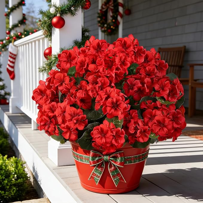 Artificial Flowers for Outdoors, 6 Bundles Realistic Silk Fake Red Geraniums, No Fade Faux Plastic Flowers for Outdoor Planters, Hanging Baskets, Window Boxes, Porch, Patio Decor