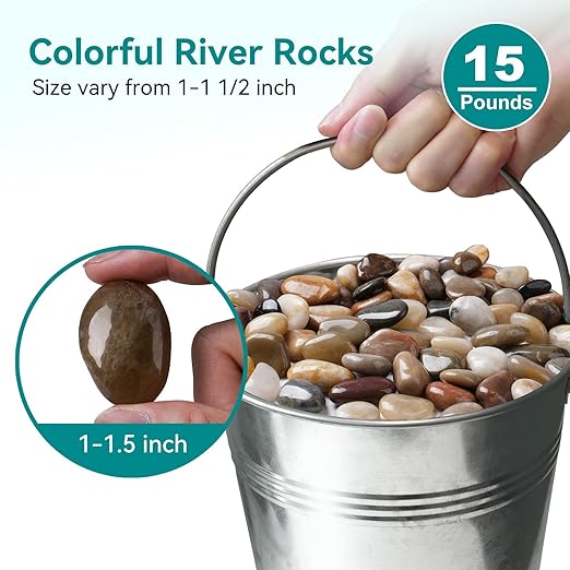 15 lbs River Rocks, 1-1 1/2 inch Plant Rocks for Pots Indoor, Decorative Garden Rocks Outdoor Landscaping, Polished Natural Stone for Walkways, Yard, Vases, Crafts