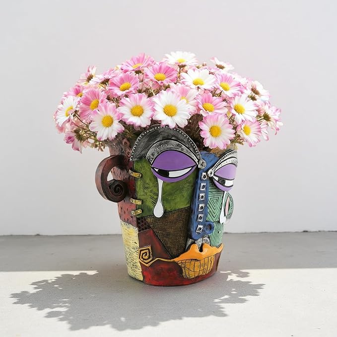Picasso Abstract Face Flower Pot,Unique Resin Crafted Planter with Drainage Holes,Interesting Colorful Planter with Human face,for Indoor and Outdoor Botanical Home décor (Tears)