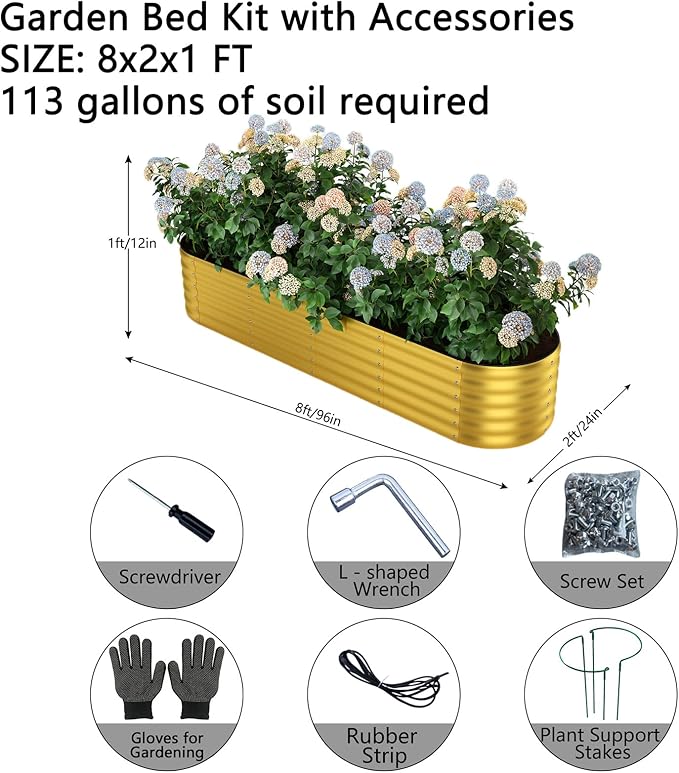 Galvanized Metal Planter Round Raised Garden Bed Kit for Gardening Outdoor Garden Box Raised Flower Bed 1PC Gold 8X2X1FT