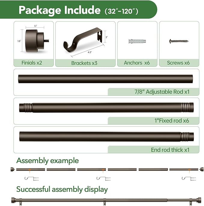 Curtain Rods for Windows 66 to 120, 1 Inch Adjustable Heavy Duty Long Window Outdoor Curtain Rod for Patio, Drapery Rods with Simple End Caps, Size 32"-120", Antique Bronze