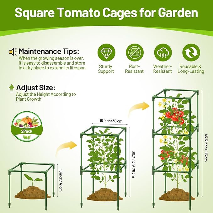 Legigo 2 Pack Square Tomato Cages for Garden- Up to 45 Inch Tomato Trellis Plant Cages Support, Tomato Stakes and Supports Cage for Climbing Vegetables Raised Garden Bed Cucumbers Peppers Flowers