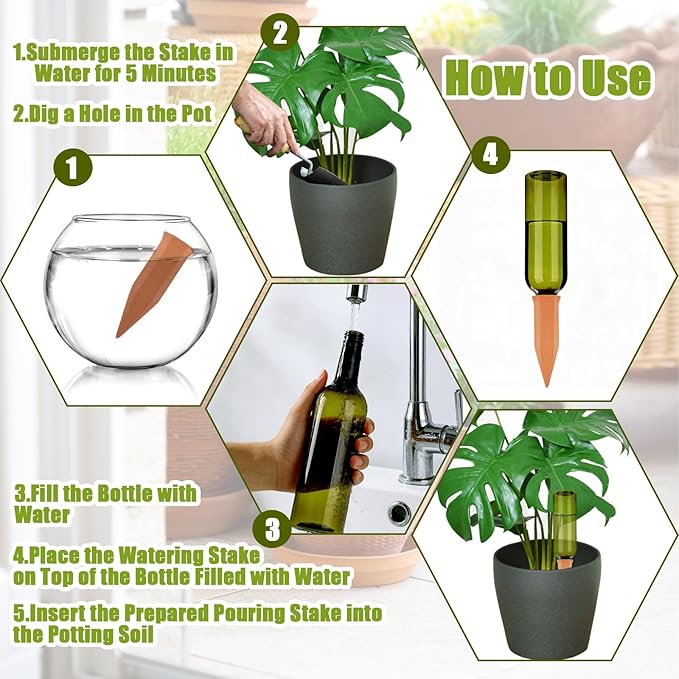 TINSKY 6 Sets Plant Watering Devices Terracotta Self Watering Spikes and 26 Oz Plastic Green Bottles Slow Release Vacation Plant Waterer Automatic Planter Insert for Indoor Outdoor Plants