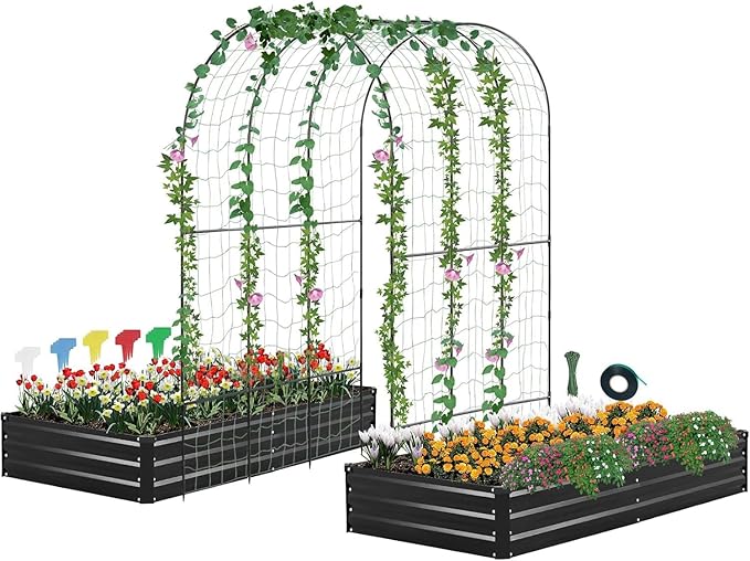 DTIG Galvanized Raised Garden Bed with Trellis, 6×3×1 FT 2 Pack Outdoor Garden Bed, Upgraded 4×3 Support, Black