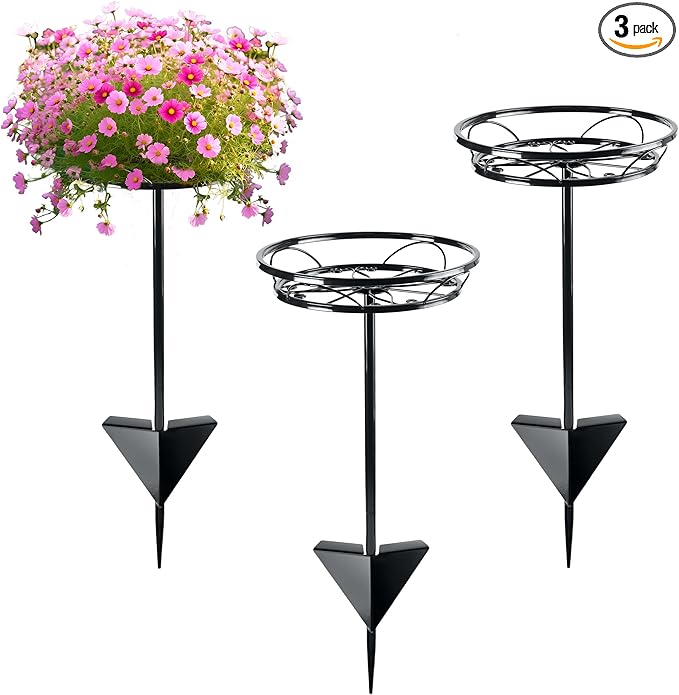 Tellingyou 3 Pack Adjustable Outdoor Flower Pot Stand, Metal Outdoor Plant Stands, Spring Summer Versatile Plant Stand Garden Stake for Display Plants, Elegant Solution for Landscaping Decor (Black)