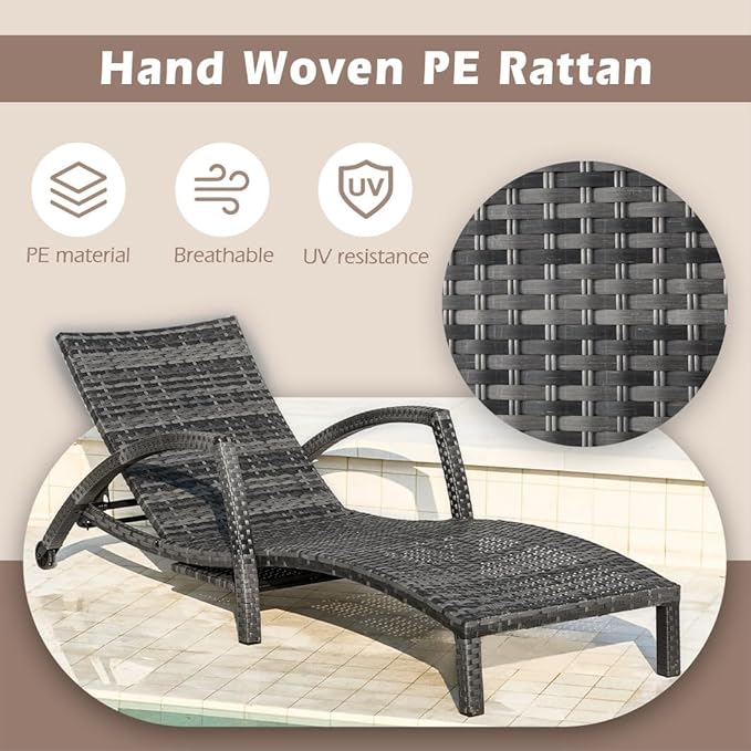 Chaise Lounge Chairs Outdoor Comfy Outside Wicker Patio Pool Lounge Chair w/ 5 Adjustable Back Angle Cup Holder Thicken Cushion (Gray/Khaki, 6 Chairs)
