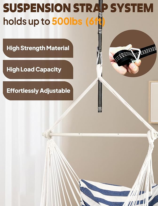 Chihee Hammock Chair Hanging Swing Max 500 Lbs 2 Cushions Included Metal Spreader Bar with Anti-Slip Grooves Portable Hanging Chair Side Pocket Large Macrame Bohemian Chair Indoor Outdoor
