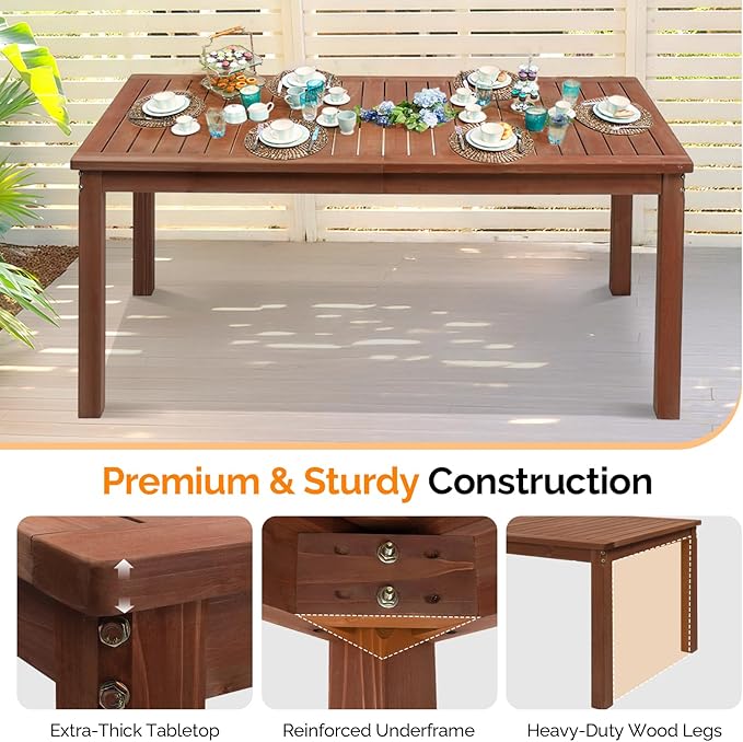 VINGLI 69-inch Large Outdoor Wood Dining Table for Patio, Solid Wood Patio Table Waterproof Wooden Table for Garden, Backyard, Deck - Durable Yard Furniture
