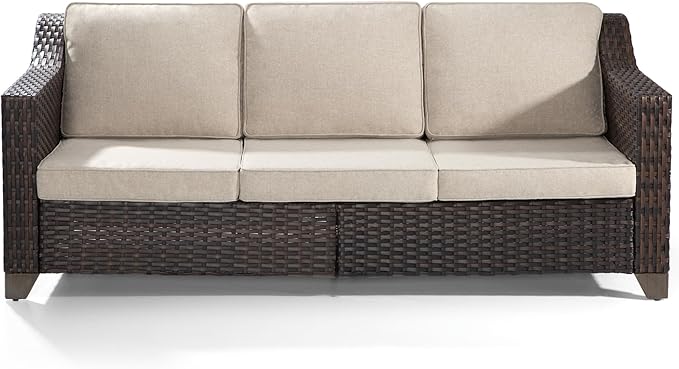 Joyside Patio Sofa - 3 Seater Rattan Sofa, All Weather High Back Sofa, Upgraded Large Size with 4inch Seat Cushions for Backyard, Garden, Poolside (Brown/Beige)