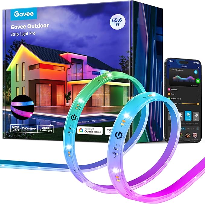 Govee Outdoor LED Strip Lights RGBIC with Warm and Cold White, 65.6ft 2.4G WiFi Smart Outdoor Lights, IP65 Waterproof, Work with Alexa and Google Assistant, App Control, for Porch, Patio, Eave, Party