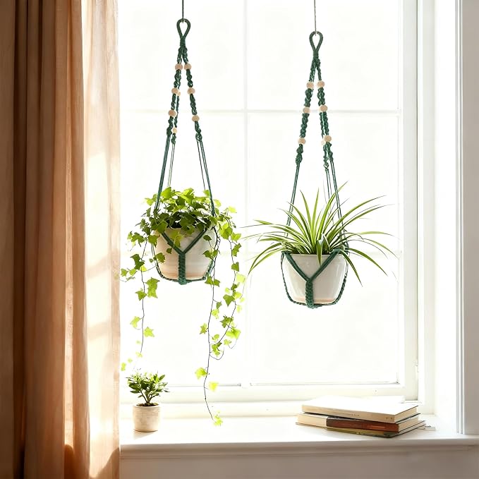 Macrame Plant Hanger,Up to 4-15 inch Pots, Wood Beads Cotton Hanging Planter Holder for Indoor Outdoor Boho Home Decor, 35 Inch, Ivory, Set of 2 (Green)