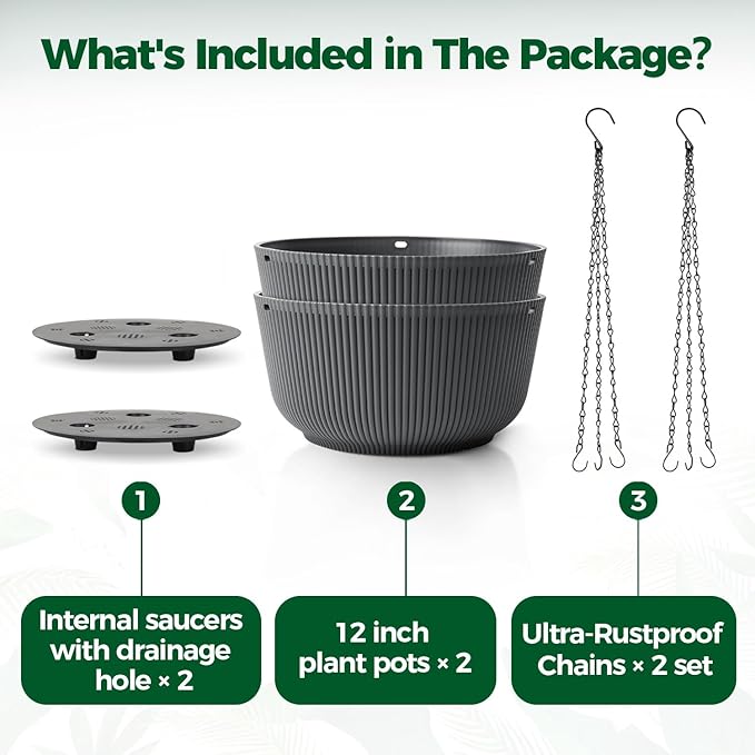 T4U 12 Inch Large Hanging Planters for Outdoor Plants, 2 Pack Self Watering Pots Indoor, Hanging Baskets for Plants,Hanging Flower Pot with Drainage Hole and Plant Hanger, Grey