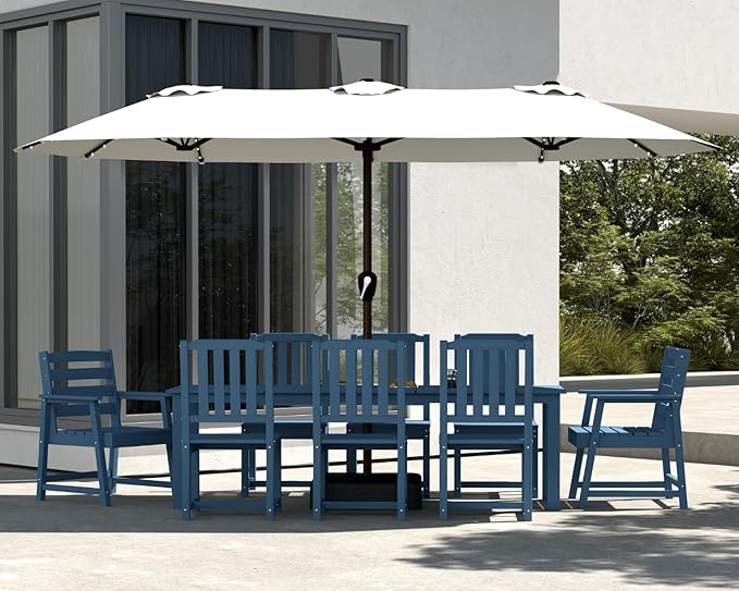 9-Piece Navy Blue Outdoor Dining Set with White 15FT Large Patio Umbrella, 75.2'' HDPE Table & Chairs for 8, Weather-Resistant Furniture with Umbrella Hole for Patio, Lawn, Poolside