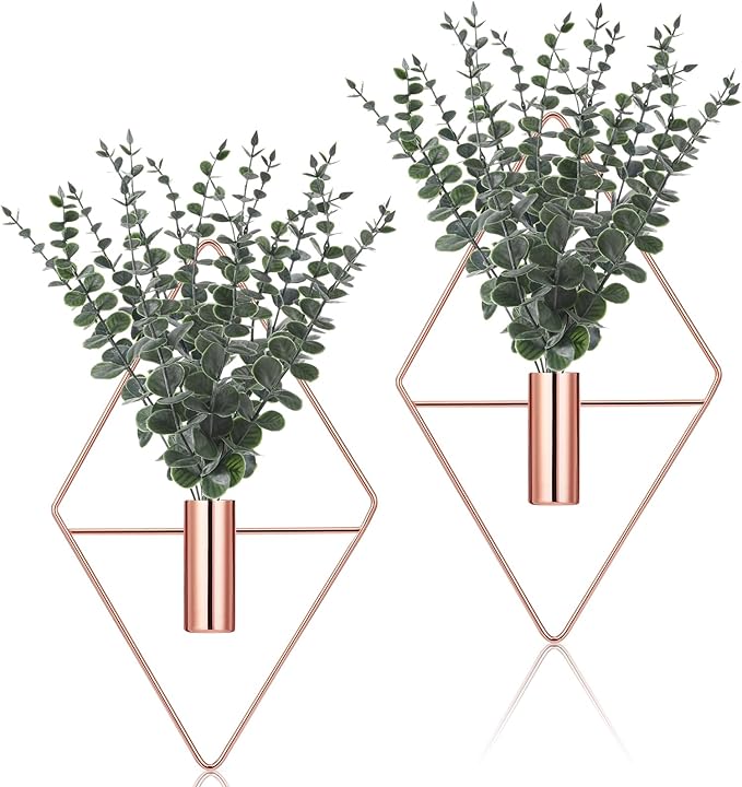 Jexine 8 Pcs Hanging Planters with Artificial Eucalyptus Metal Hanging Vase Indoor Plants Holder Modern Geometric Boho Bathroom Wall Decor for Living Room Home Office (Eucalyptus,Rose Gold)