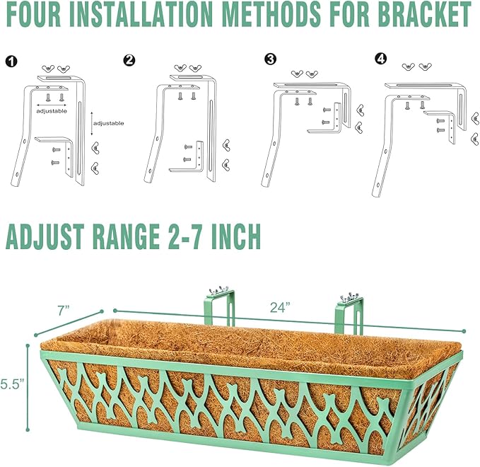 4 Pack 24 Inch Window Boxes Planters Railing Planter Box with Adjustable Brackets for Porch Fence Patio Balcony Hanging Flower Baskets with Coco Liners for Outdoor Garden Decor - Green