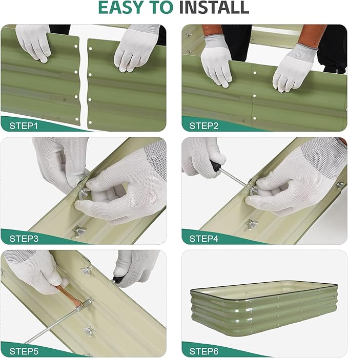 4 in 1Galvanized Raised Garden Bed - 5x3x1ft Modular Garden Planter Bed Outdoor | Steel Raised Bed Kit with Bracing Rods, Gloves for Gardening Vegetables Fruits and Flowers (Green)