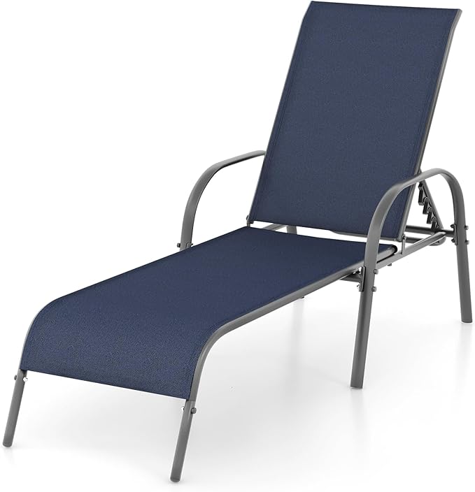 Giantex Patio Lounge Chair, Outdoor Chaise Lounge with 5 Adjustable Backrest, Sturdy Steel Frame, Sunbathing Recliner, Tanning Chair for Beach, Outside, Yard, Balcony, Pool Chairs, Navy