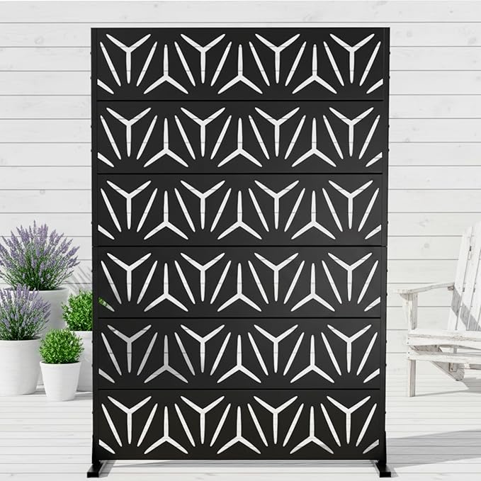 Casaphoria Metal Privacy Screen Outdoor, 72" H x 47" W Freestanding Decorative Privacy Screen for Patio Deck Balcony Garden with Stable Base, Black-Star