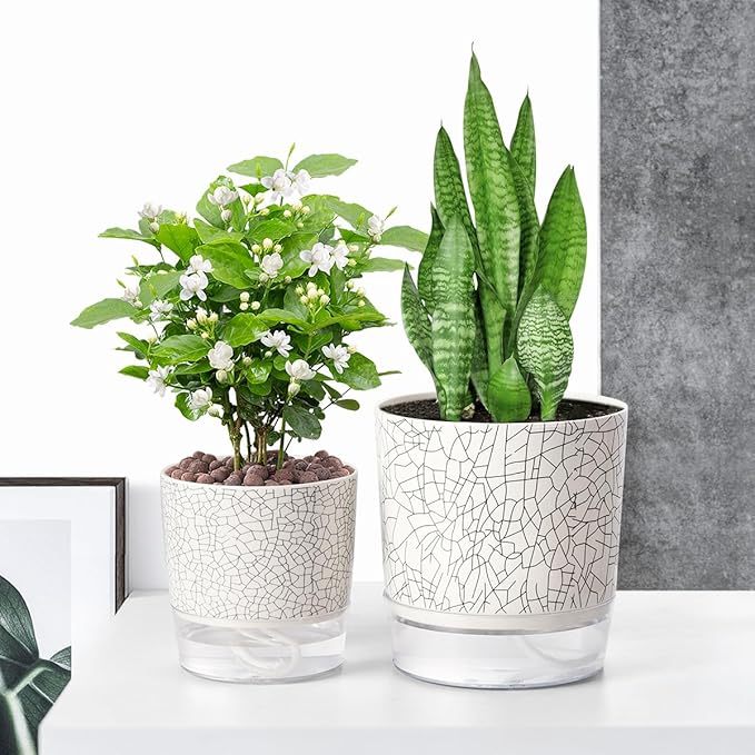 Self Watering Pots for Indoor Plants, Flower Pots, Self Watering Plant Pot-2pcs 4+5.3inch Crack Texture