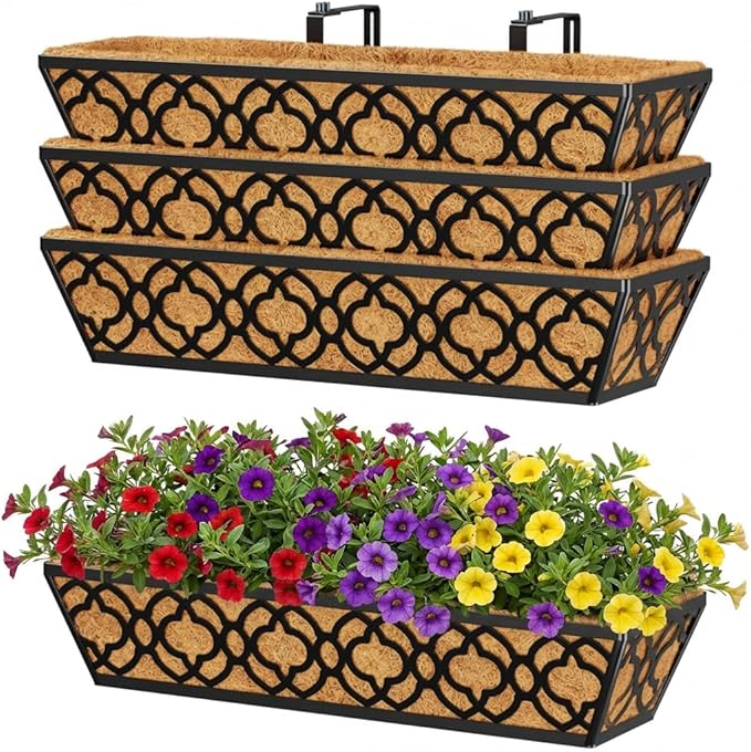 Y&M 24in Window Planter Box 4Pcs Iron Railing Planter with Coco Liner for Outdoor Balcony Rail, Fence, Porch, Patio