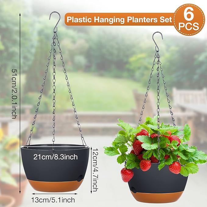 Mumufy 6 Pcs 8 Inch Hanging Planters, Dark Gray, Plastic with Drainage Hole and Removable Saucer, Suitable for Indoor and Outdoor Plants
