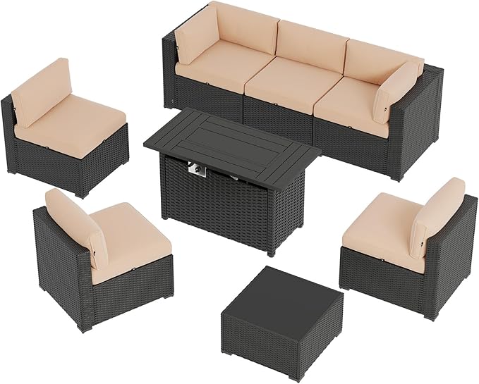 Aoxun 8 Piece Patio Furniture Set with 44” Fire Pit Table Wicker Rattan Patio Sectional Sofa Set Outdoor Seating Furniture with Thickened Cushion, Beige