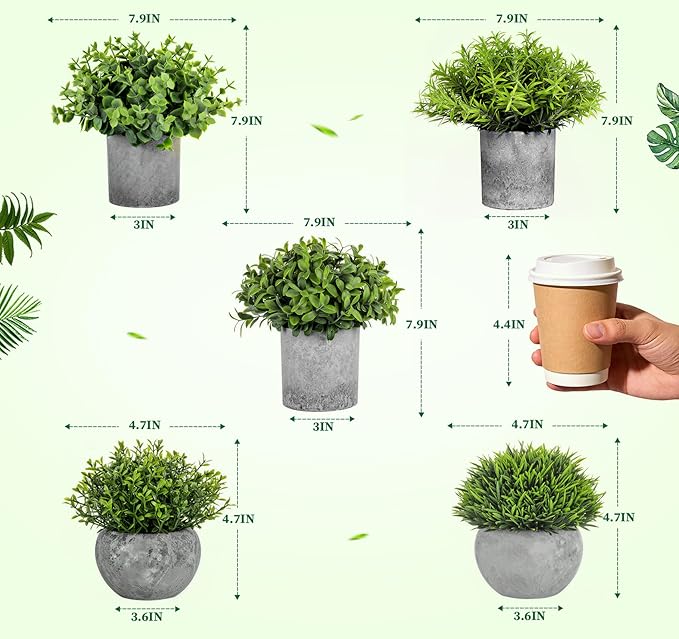 Fake Plants,5 Pack Small Fake Plants Mini Potted Artificial Eucalyptus Greenery Plastic Green Grass Plants for Indoor Outdoor,Mini Faux Plant for Shelve Desk Table Farmhouse Bathroom Shelf Decor