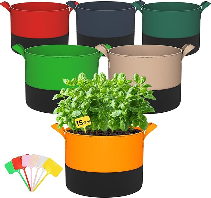15-Gallon Grow Bags for Potato Planting: 6 Pack Heavy Duty 350G Thickened Potatoes Planter Bags with Handles - Fabric Pots Felt Garden Bags for Growing Vegetable Fruit Flower Herb with Plant Labels