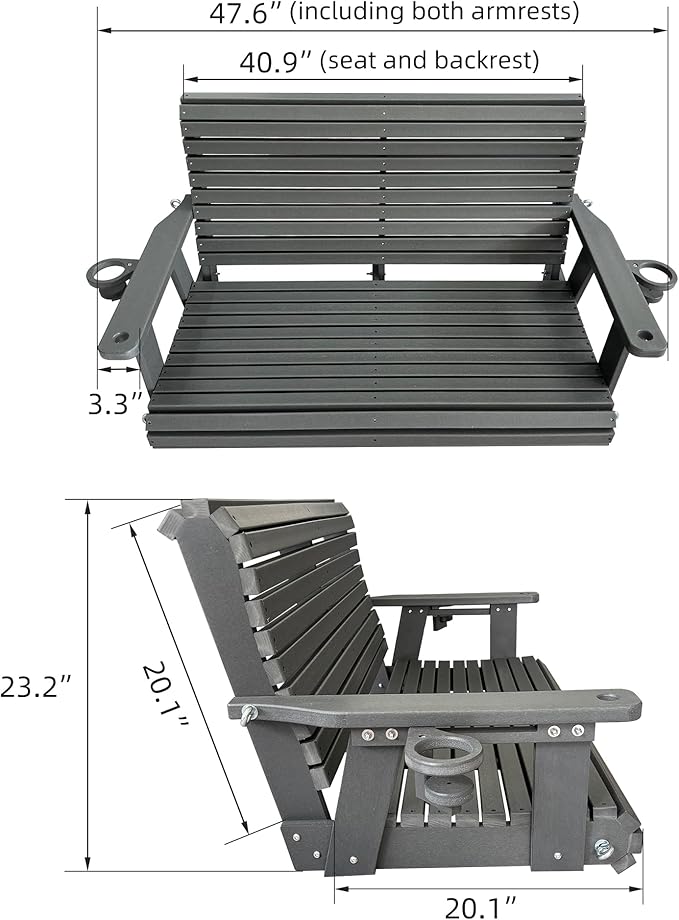 HDPE Porch Swing with 18/8 Stainless Steel Bolts, Ergonomic Design, Ultra Weather-Resistant, Heavy Duty 1200 LBS, for Outdoor Patio Garden Yard (Gray)