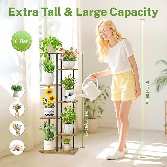 iDavosic.ly 6 Tier Tall Plant Stand Indoor, Tiered Corner Metal Wood Multiple Flower Holder Shelf, 50 Inch Orchid Display Rack for Patio Porch Living Room Balcony Outdoor, Modern Black & Rustic Brown