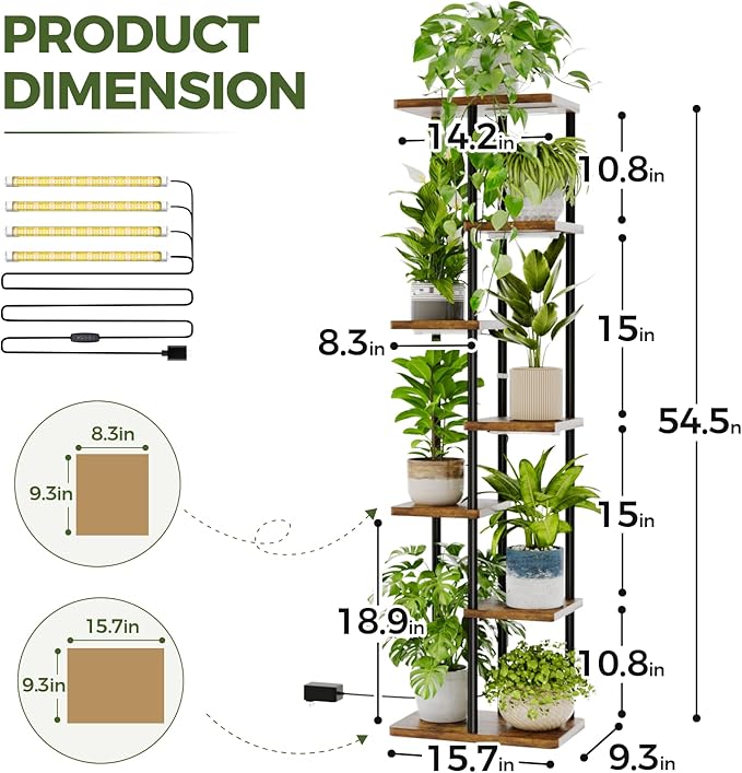 Bamworld Plant Stand with Grow Light for Indoor Plants Corner 7 Tier Metal Plant Shelf Wood Flower Stand for Home Living Room Decor Patio Decor