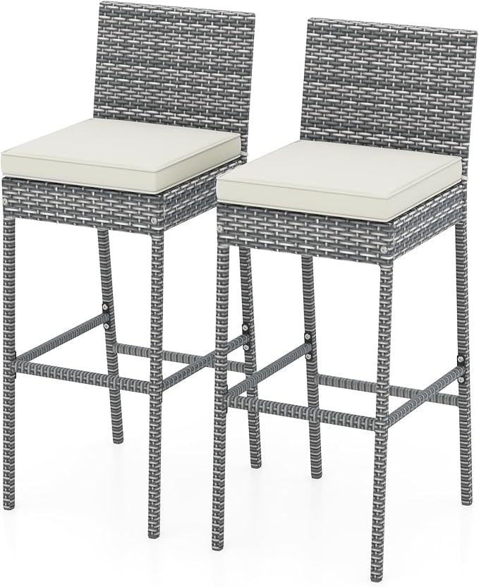 HAPPYGRILL Patio Wicker Barstools Set of 2, Outdoor Bar Height Chair w/Soft Seat Cushion & Cozy Footrest, Heavy-Duty Metal Frame, 400 lbs Max Load, Rattan Armless Bar Chairs