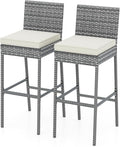 HAPPYGRILL Patio Wicker Barstools Set of 2, Outdoor Bar Height Chair w/Soft Seat Cushion & Cozy Footrest, Heavy-Duty Metal Frame, 400 lbs Max Load, Rattan Armless Bar Chairs