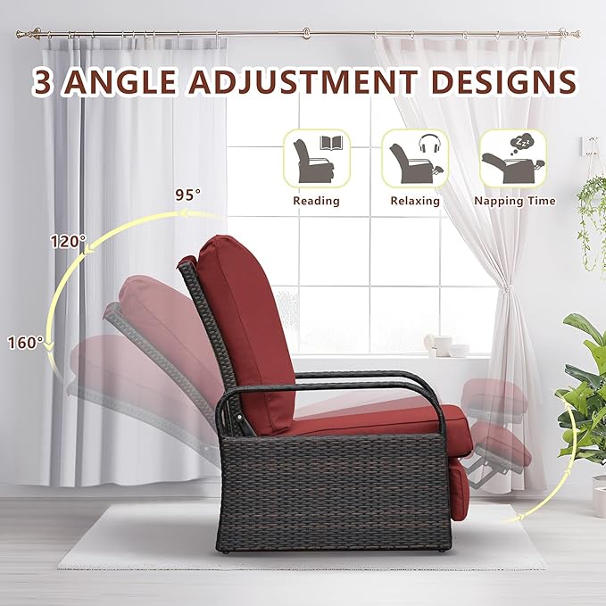 Outdoor Recliner, Outdoor Resin Wicker Patio Recliner Chair with 5.5'' Cushions, Patio Furniture Auto Adjustable Rattan Sofa, UV/Fade/Water/Sweat/Rust Protected, Easy to Assemble (Red)