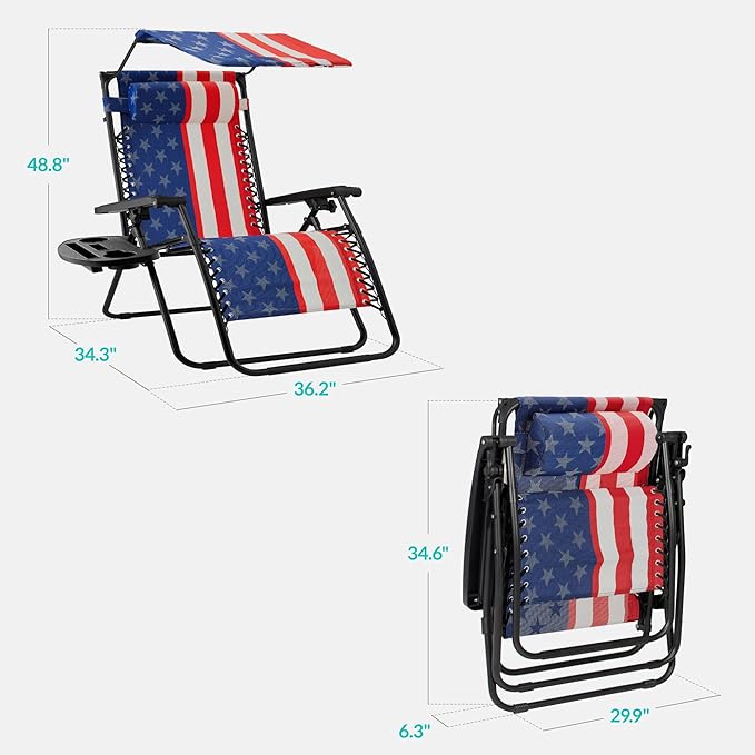 Best Choice Products 30” Wide Folding Zero Gravity Outdoor Recliner Patio Lounge Chair w/Adjustable Canopy Shade, Headrest, Side Accessory Tray - American Flag