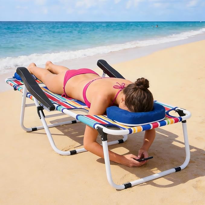 ABORON Tanning Chair with Face Hole, 5-Position Adjustable Reclining Beach Lounge Chair, Folding Face Down Sun Lounger for Beach, Poolside, Patio, Lawn, Home(Multicolor Stripes)