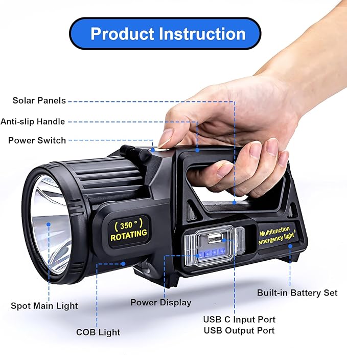 Rechargeable Spotlight Flashlight, Peascat 2,000,000L Lumens LED Handheld Spot Light, 350° Rotatable, 9 Modes, Solar & USB-C Charging, Waterproof, Emergency Flashlight for Camping, Outdoor, Car Repair