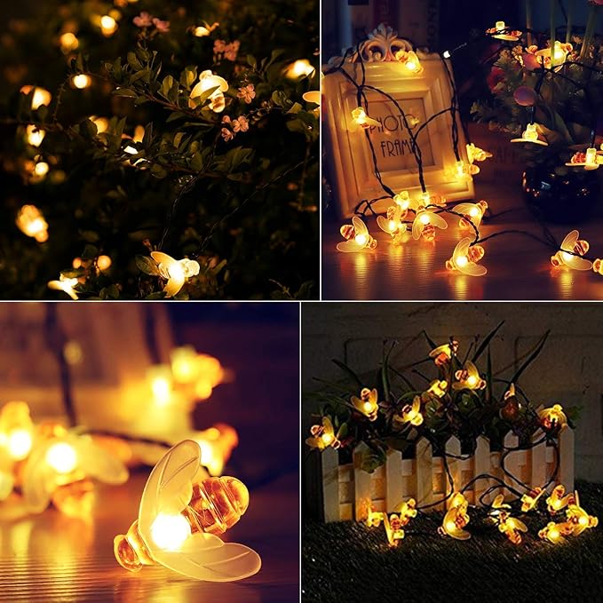 Brightown Solar Bee String Lights Outdoor 31FT 50 LED Honeybee Fairy Lights with 8 Lighting Modes, Waterproof Solar Bumble Bee for Patio Yard Garden Grass Wedding Christmas Party Decor, Warm White