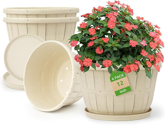 Quarut 12 Inch Large Planter Pot for Plants Indoor Outdoor, 4 Pack Plastic Flower Pots with Drainage Hole & Tray, Modern Decorative Garden Pot with Saucer, Plant Container for House（White）