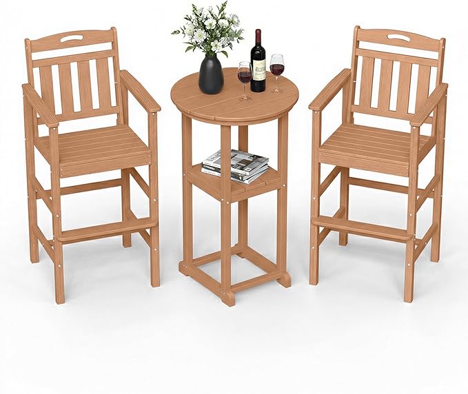 Ciokea 3-Pcs Bistro Table and Chairs, All-Weather Round High Top Bar Table with Storage Shelf and 2 Oversized Adirondack Chairs, Heavy Duty Outdoor Bar Set Patio Bistro Set for Balcony Deck, Teak