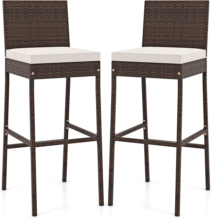 HAPPYGRILL Wicker Patio Barstools Set of 2, Outdoor Rattan Bar Chairs with Footrest & Backrest, Armless High Top Chairs with Seat Cushions for Backyard, Balcony